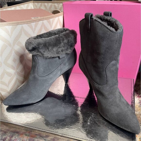 Sigerson Morrison 9.5 Suede Western Ankle Boot Shearling Fur Cone Heel Gray - Picture 7 of 10